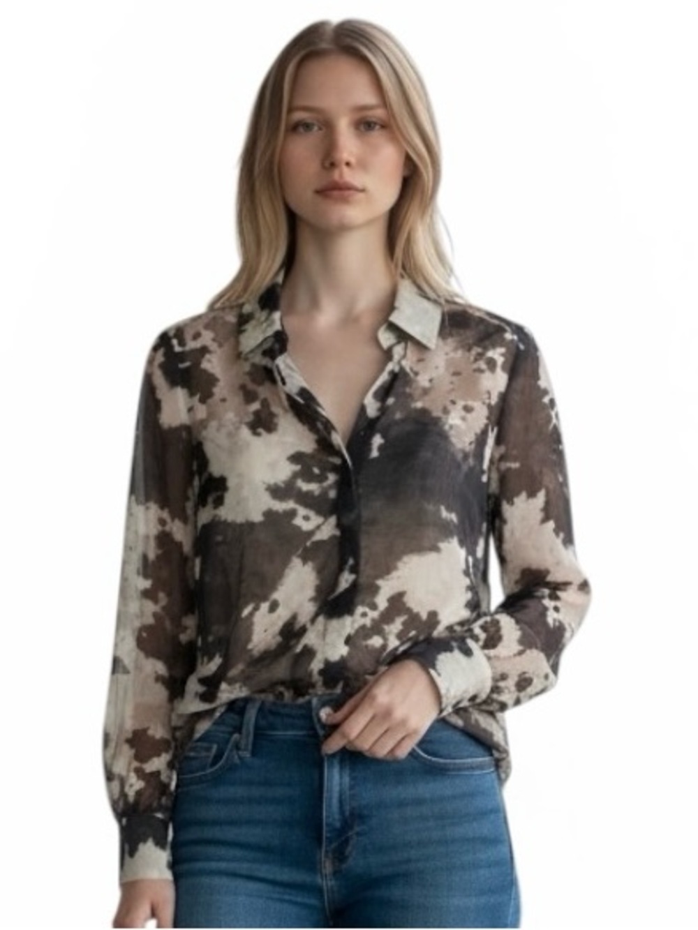 Mint Velvet Abstract Print Sheer Chiffon Long Sleeve Button Down Blouse Size 16